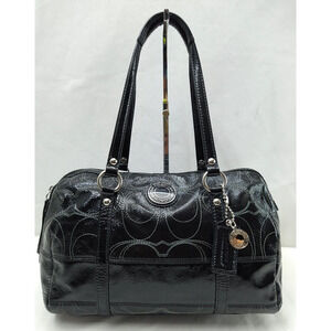 Coach Signature Black Patent Leather Logo Double Handles Satchel Shoulder Bag